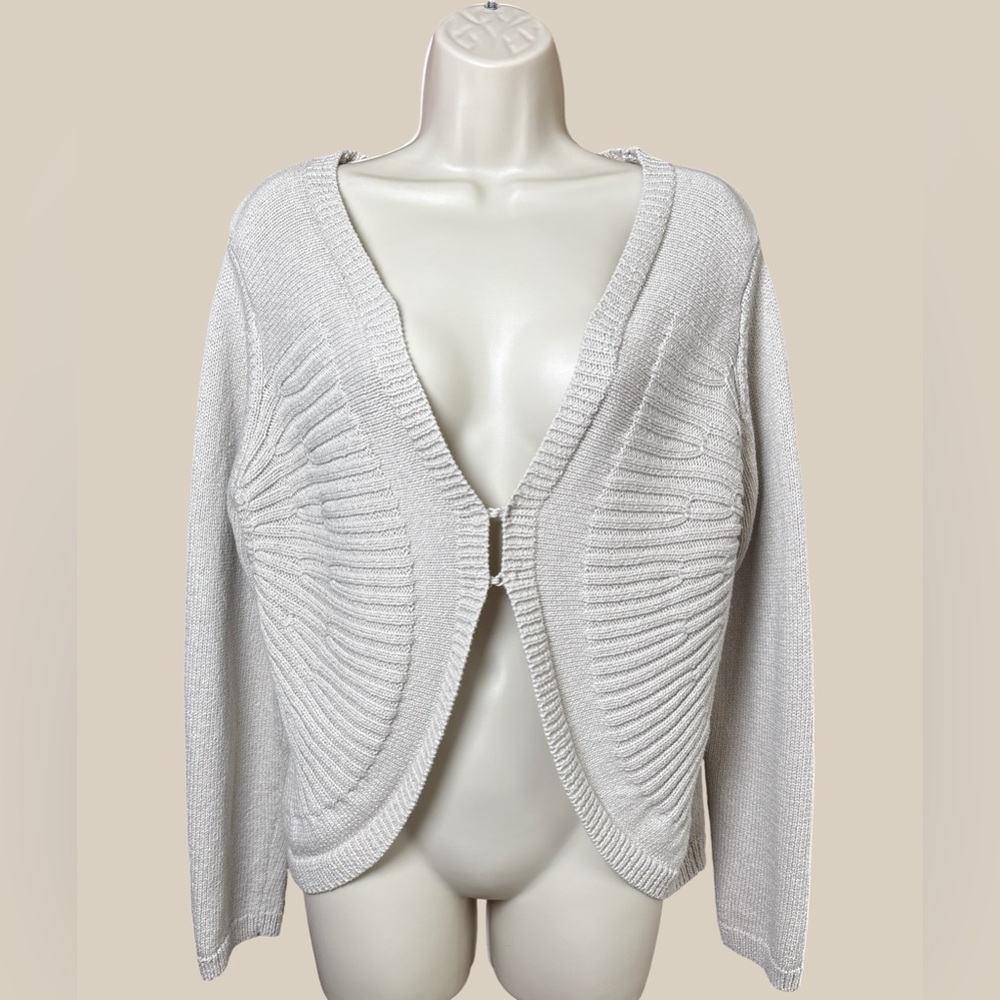 Coldwater Creek Cardigan Sweater Beige Fan Ribbed Sunburst Hook Eye Closure SZ L